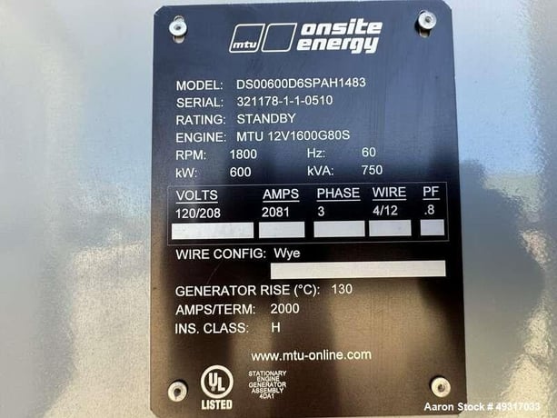 600 KW MTU #DS600D, Standby diesel generator set, 120/208 Volts, enclosure, 293 hours, 2010 - Image 9