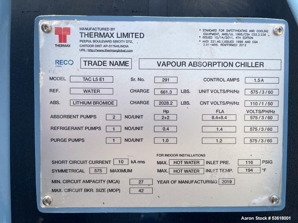 276 Ton, Thermax #TAC-L5-E1 Vapor Absorption Chiller, 970 kW, 166.5 cu. meters/hr chilled water circuit - Image 5
