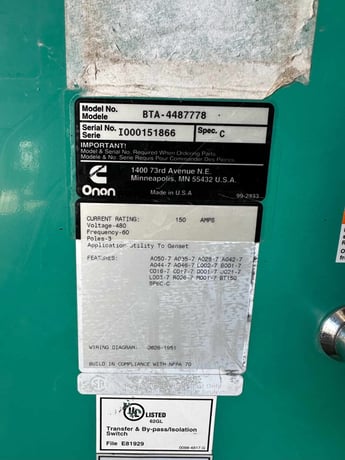 150 Amp. Cummins BTA-4487778, automatic transfer switch with ISO bypass, 3 pole, 480 Volts, 2000 - Image 4