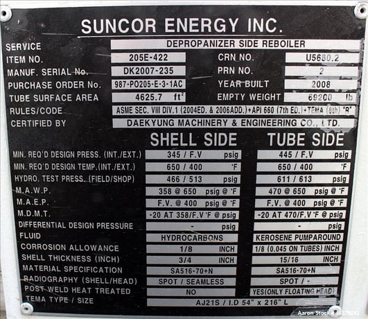 4625 sq.ft., 358 psi shell, Daekyung #AJ12S 54X216, 2 Pass Shell and Tube Heat Exchanger, 2008 - Image 8