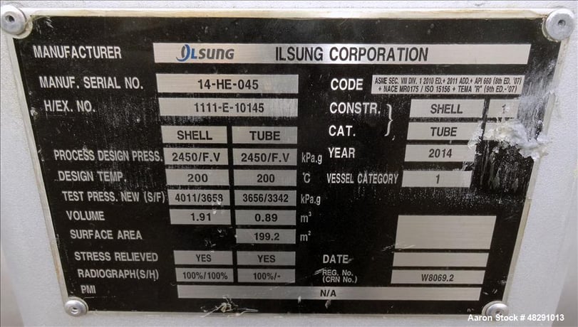 2143 sq.ft., 412 psi shell, Ilsung Corp, 4 Pass U Tube Shell & Tube Heat Exchanger, Shell 392&deg;F, 3/4" dia x - Image 8