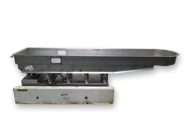 18" wide x 7' long, Allen-Bradley, Vibrating Conveyor, Stainless Steel, 5" deep pan, 10" OD outlet - Image 1