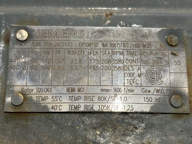 150 HP 3580 RPM Siemens 1LA53102AC91-Z, Frame 504TSD, 460 Volts, Atlas Copco 1080-2667-39, ZR/ZT110 - Image 1