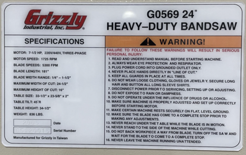 Grizzly #G0569, 24" Band Resaw - Image 6