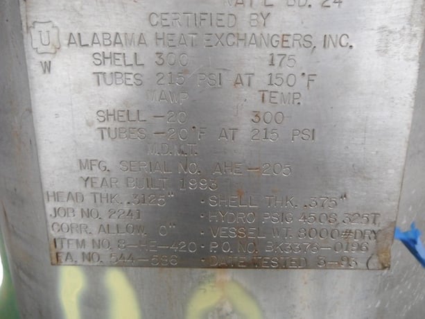 1545 sq.ft., 300 psi shell, 215 psi tube, Alabama, Heat Exchanger, NH3 Recovery Condenser, 175°F. - Image 2