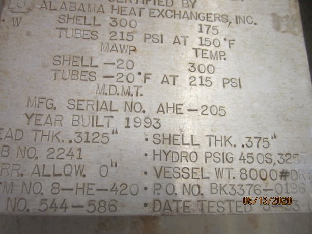 1545 sq.ft., 300 psi shell, 215 psi tube, Alabama, Heat Exchanger, NH3 Recovery Condenser, 175°F. - Image 4