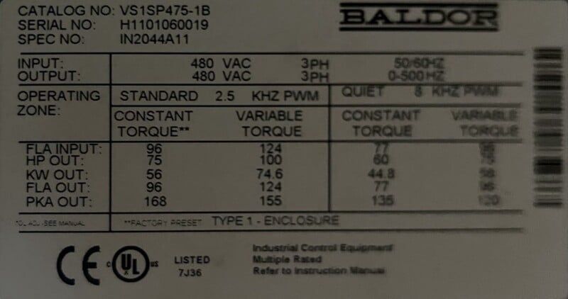 75 HP Baldor, VS1SP475-1B, inverter drive, 460 VAC, 2020 - Image 3
