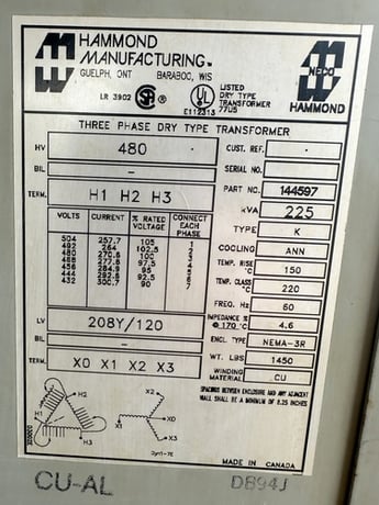 225 KVA 480 Primary, 208Y/120 Secondary, Hammond, dry transformer, Nema 3R - Image 3