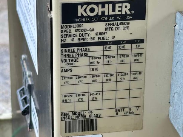 33 KW Kohler #30RZG, Natural gas / propane generator set, 120/240 Volts, 523 hours, 75 HP @ 1800 RPM, GM 4.3L - Image 10
