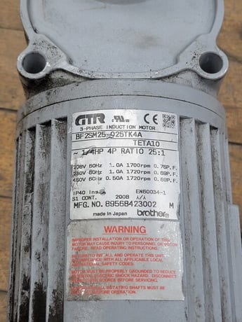 .25 HP RPM Brother GTR #BF2SM25-025TK4A Induction Motor, Ratio 25:1, 208/460 Volts AC - Image 3