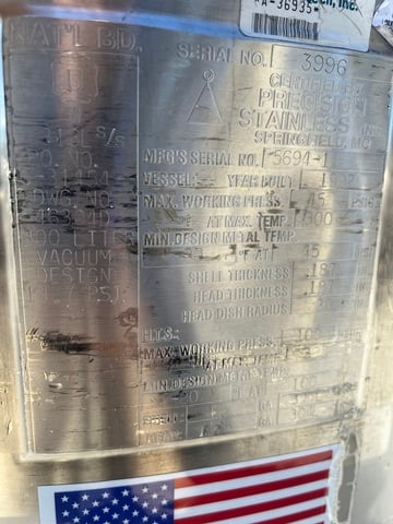 80 gallon Precision Stainless, reactor, 316L Stainless Steel, jacketed, 45 psi internal, dished bottom, 1992 - Image 5