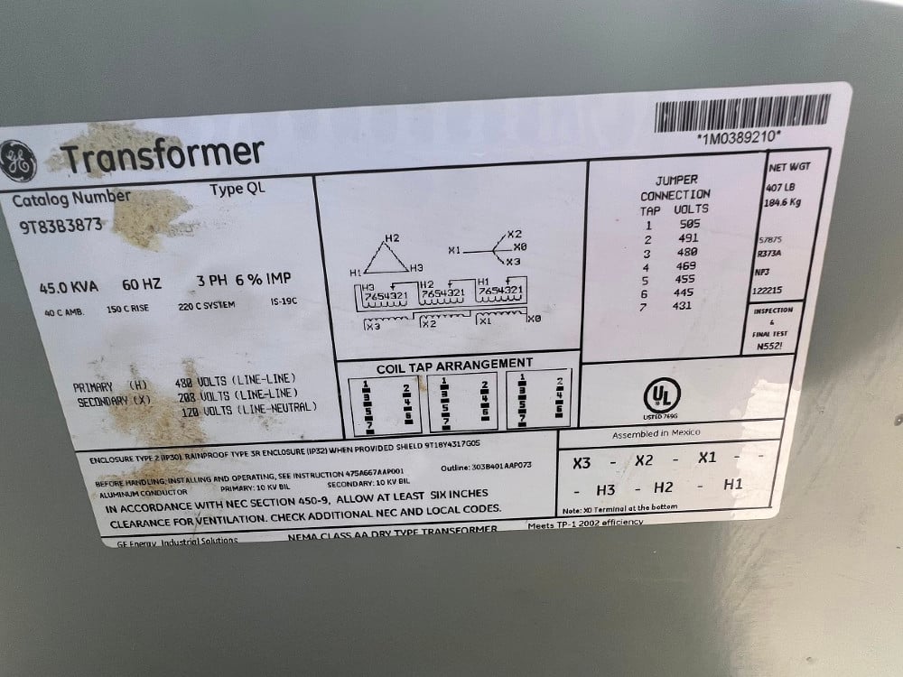 45 KVA 480 Primary, 208/120 Secondary, General Electric Transformer, multi-tap, delta wye, #6095 - Image 2