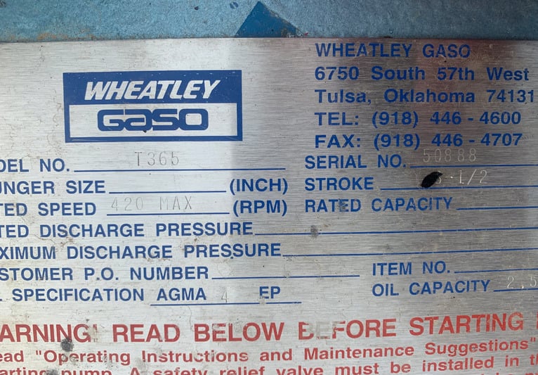 61 GPM Wheatley Gaso #T365, injection pump,, 275 psi, 60 HP @ 1775 RPM, 460 V., 3-phase, 2019 - Image 3