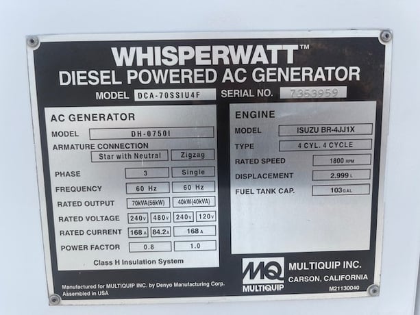 56 KW Multiquip #DCA70SSIU4f, diesel generator, sound attenuated enclosure, trailer tank, 240/480 Volts, 6843 - Image 10