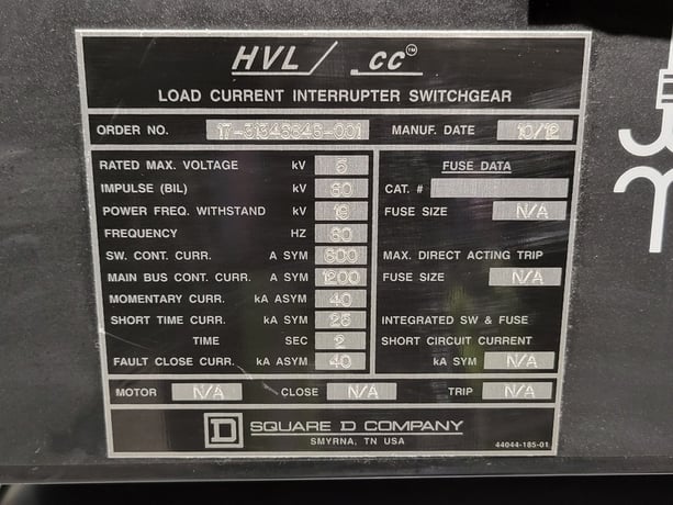 Square D #HVL/cc, load interrupter switchgear, 600 amp For Sale