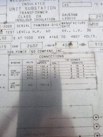1000 KVA 4160 Primary, 480Y/277 Secondary, ABB #PC-2000, substation type, Class OA - Image 5