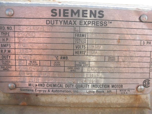 75 HP 1185 RPM Siemens, Frame 444T, TEFC, 460 Volts - Image 5