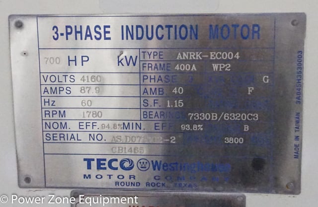 700 HP 1780 RPM Teco Westinghouse, Frame 400A, weather protected enclosure type 2, 4160 Volts, unused surplus - Image 6