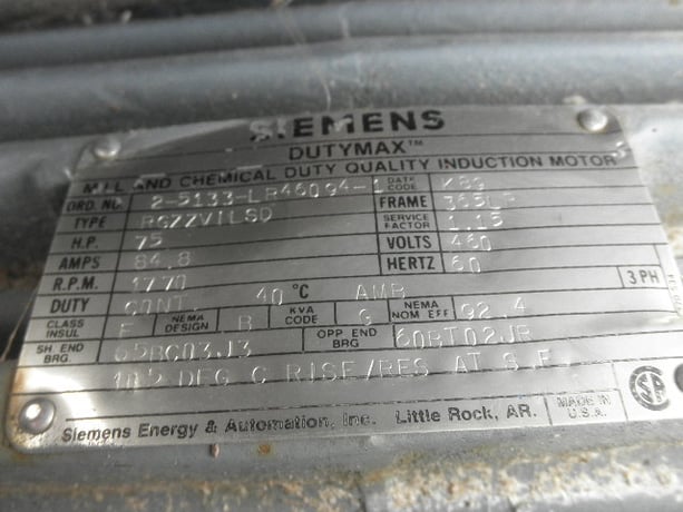 75 HP 1770 RPM Siemens, Frame 365LP, TEFC, 460 Volts - Image 6