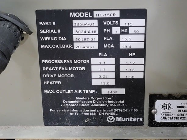 Munters #30564-01, desiccant dehumidifier, 75-150 scfm, 1.5 KW @ 115 VAC, like new - Image 2