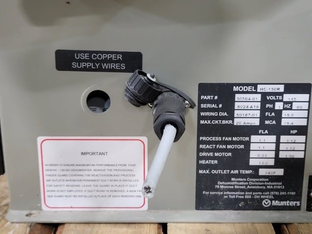 Munters #30564-01, desiccant dehumidifier, 75-150 scfm, 1.5 KW @ 115 VAC, like new - Image 3