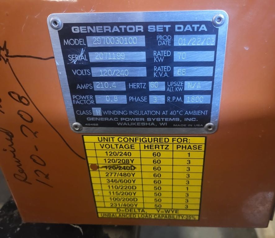 70 KW Generac #2970030100, Natural Gas Generator, 120/240 Volts, 1800 RPM, 3 phase, 107 HP, 88 kVA, 16 hours - Image 9