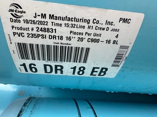 PVC C900 Pipe, 16" - 20', 16 DR 18 EB, MFG. JM Eagle, Blue Brute, 53 pipes available - Image 10
