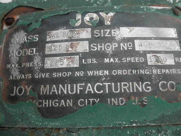 225 psi Joy #125-H, Skid Mounted Compressor, 1160 RPM - Image 2