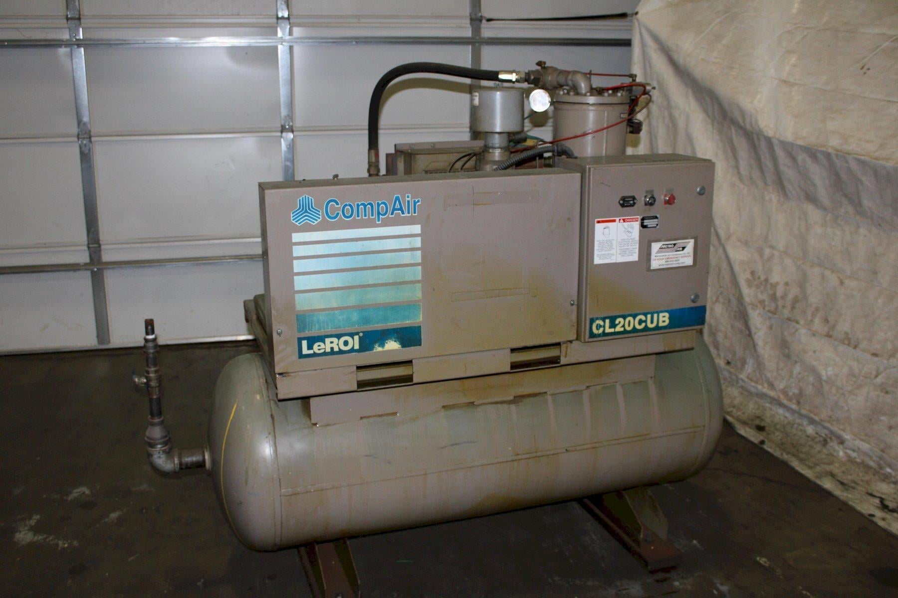 20 HP Leroi, rotary screw air compressor, 85 cfm @ 200 psi, 120 gallon surge tank - Image 1