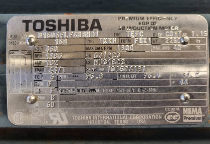 150 HP 1200 RPM Toshiba TKKH, Frame 447T, TEFC, 1.15 service factor, 460 Volts - Image 5