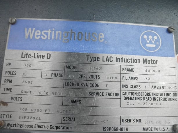 350 HP 3565 RPM Westinghouse HSW2, Frame 5009H, 1.15 service factor, 4160 Volts - Image 5
