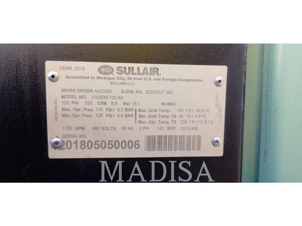 Sullair #V130DS125H, compressed air, 23242 hours, S/N: 201805050006, 2018 - Image 6