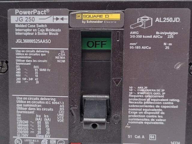 250 Amps, Square D, JGL36000S25AASO, Circuit Breaker, 600VAC 3PH - Image 5