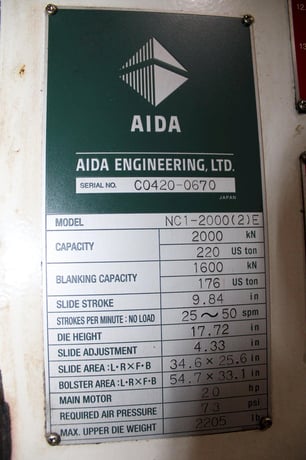 220 Ton, Aida #NCI-2000(2)E, single crank gap frame press, 9.84" stroke, 17.72"Shut Height, 4.33"adj., 25-50 - Image 7