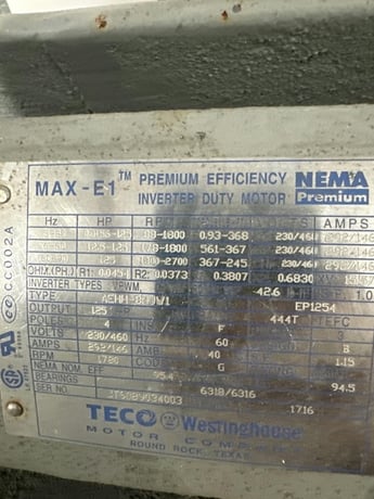125 HP 1800 RPM Teco Westinghouse, Frame 444T, TEFC, ball, inverter duty, 230/460 Volts, new - Image 1