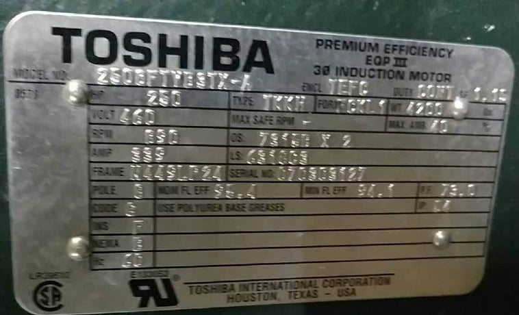 250 HP 900 RPM Toshiba, Frame 449LP24, TEFC, hi-thrst, VSS, vertical solid shaft, new surplus, 460V. - Image 1
