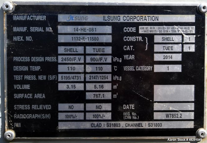 8254 sq.ft., 527 psi shell, Ilsung Corporation, Single Pass Shell & Tube Heat Exchanger, 139 psi, 3/4" - Image 5