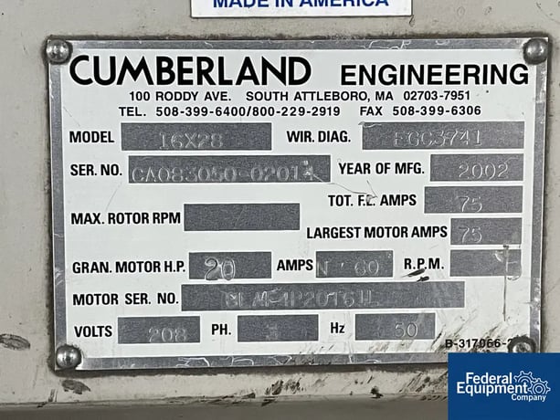 16" x 28" Cumberland #16X28, Granulator, 3-Blade Open Rotor, 20 HP, 208 V, 2002 - Image 2