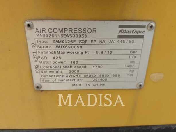 Atlas #XAMS 426E, compressed air, 9993 hours, S/N: WUX690058, 2014' - Image 6