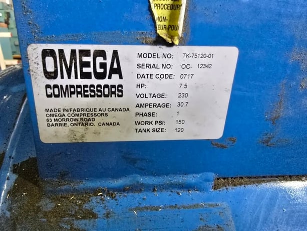 27.5 cfm, 175 psi, Omega Design #TK-75120-01, reciprocating air compressor, 7.5 HP - Image 2