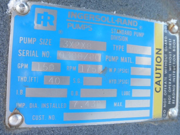 150 GPM @ 40' TDH, Ingersoll-Rand #3x2x8-VOC, Centrifugal Pump, Horz., 1-Stage, 7.44" imp., 3" suction, 2" - Image 6