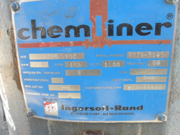 160 GPM @ 60' TDH, Ingersoll Rand Chemliner #4x3x8-VOC, Centrifugal Pump, Horz., 1-Stage, (8) imp., 4" - Image 6
