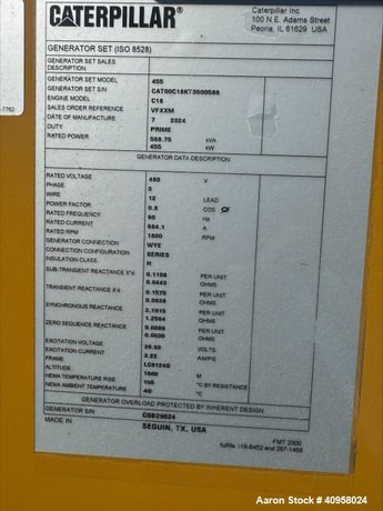 455 KW Caterpillar #455, generator, CAT Engine, model C18, Open skid unit, 480 Volts - Image 9
