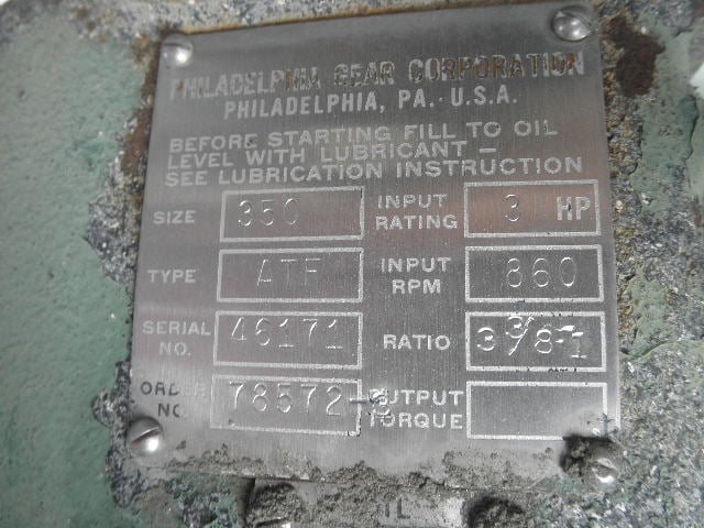 3 HP @ 860/255 RPM, Philadelphia, Worm Gearbox, 3.375:1 Ratio - Image 4