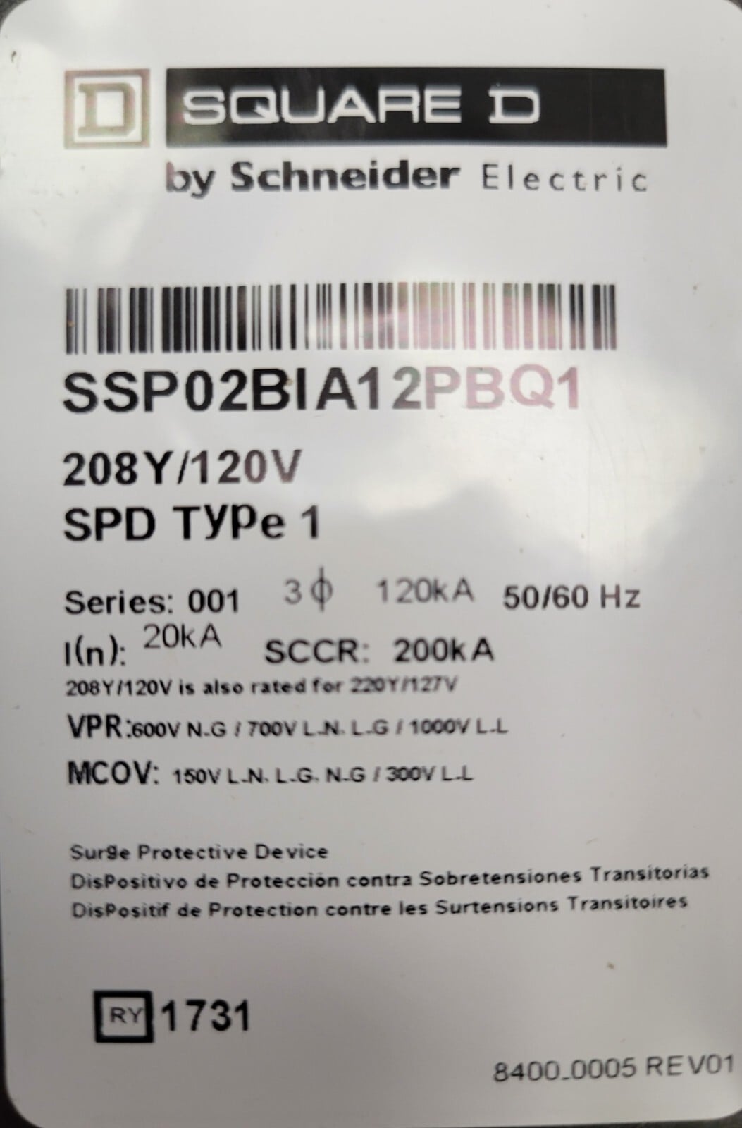 Square D #SSP02BIA12PBQ1, Surge Protective Device 208Y/120V 3PH 20kA SPD Type 1 - Image 6
