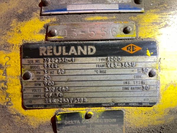 20 HP 900 RPM Reuland, Frame 365U, TENV, DBL, 230/460 Volts, 265 Sec. - Image 2