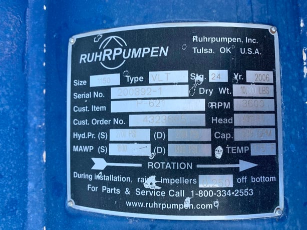 Ruhpumpen vertical pump, size 1150 VLT 24 stages, 539 GPM, 4311' head, MAWP 1800 PSI @ 175°F, 6" Inlet / 8" - Image 1