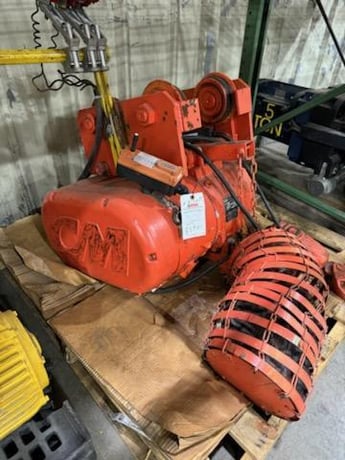 5 Ton, CM #7032, electric chain hoist, 10/3 FPM, 20' Lift, manual trolley, chain bucket, hand control, S/N - Image 2