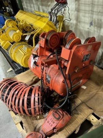 5 Ton, CM #7032, electric chain hoist, 10/3 FPM, 20' Lift, manual trolley, chain bucket, hand control, S/N - Image 4