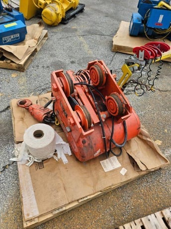 5 Ton, CM #7032, electric chain hoist, 10/3 FPM, 20' Lift, manual trolley, chain bucket, hand control, S/N - Image 7